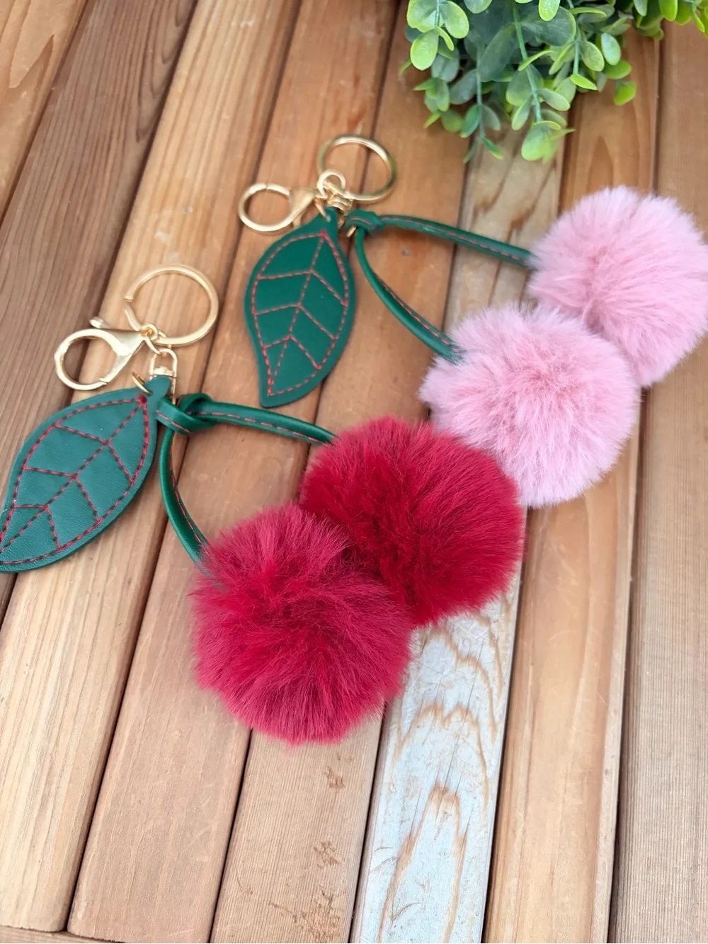 Fluffy Cherry Pom Pom Keychain Bag Charm, in Red or Pink